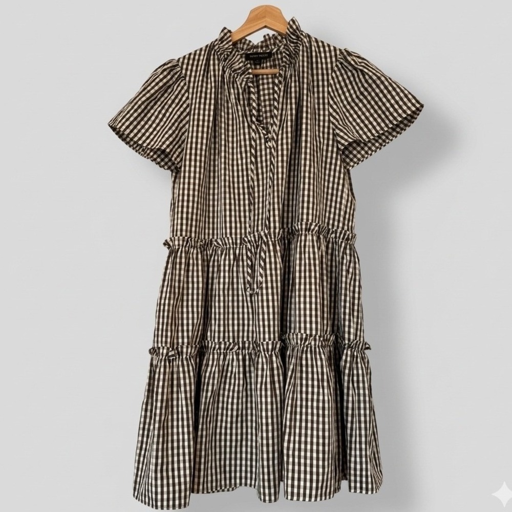Wyatt Wylde Gingham Tiered Babydoll Mini Dress Black White Cotton XL Pockets